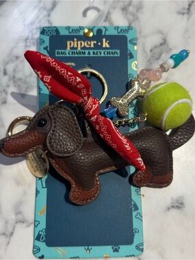 piper.k NWT Brown Dachshund Bag Charm & Key Chain with Red Bandana & tennis ball